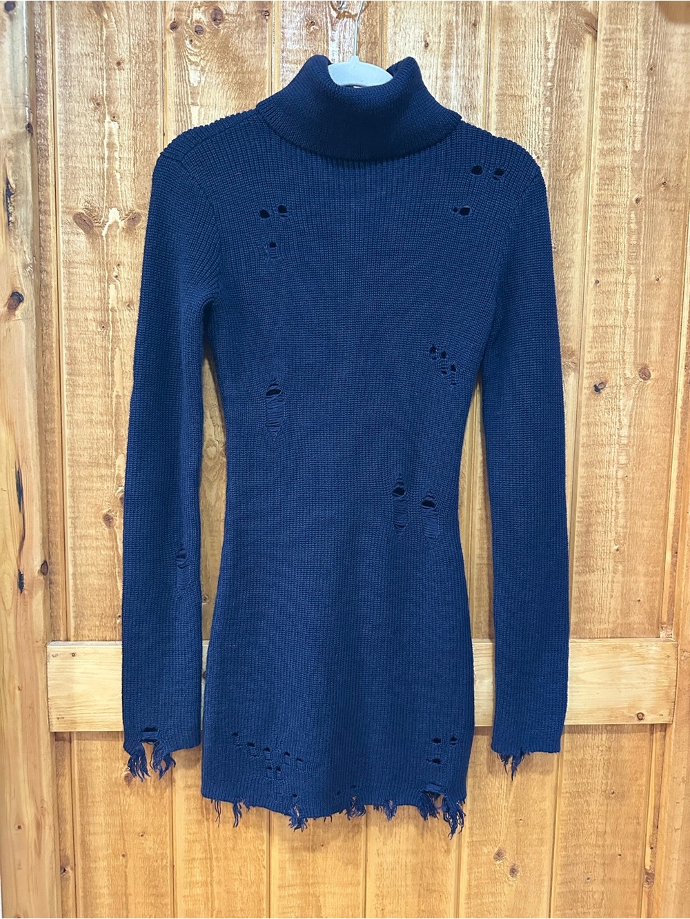 Lovers + Friends Blue Keeney Distressed Turtleneck Sweater Dress, Size XS
